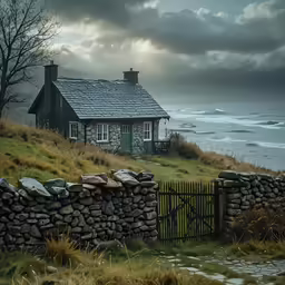 stone house sitting on a green hillside near the water