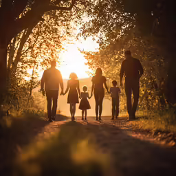 a family walking on a dirt road at sunset