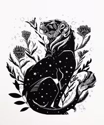 a black and white drawing of a bear on a flower,a black and white print of a bear