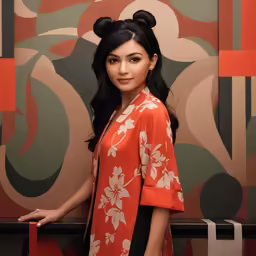 an oriental girl in an orange and black floral dress