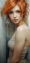 a woman with orange hair and white top