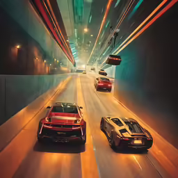 three sports cars driving down the highway at night