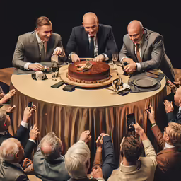 men in business suits are gathered around a table to slice a cake
