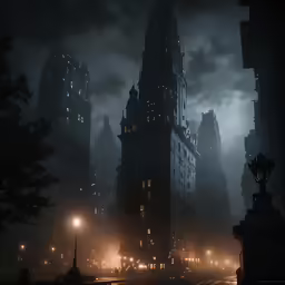a very tall skyscraper surrounded by buildings at night