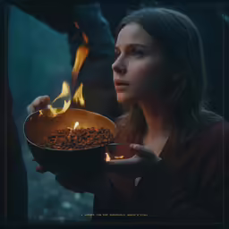 a woman holds a bowl of burning tea leaves