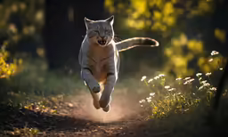 a grey cat jumps over a dirt path