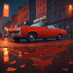a vintage car that is parked next to a puddle,an old, red car sitting by a puddle in the street