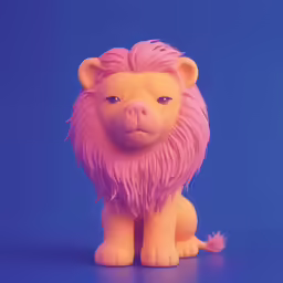 a toy lion with light pink hair on a blue background