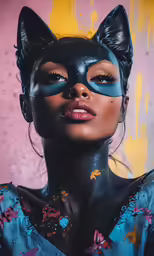 a woman in black catsuit has a painted face