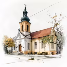 watercolour of an old church in the middle of the day