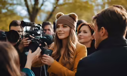 two people are interviewing another woman who is smiling