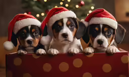 three beagle puppies in santa hats leaning out from a red present box
