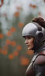 a girl with a helmet and earphones wearing a full size suit