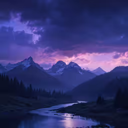 a beautiful sunset over some mountains with a river running between them