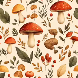 a colorful mushroom pattern with lots of leaves