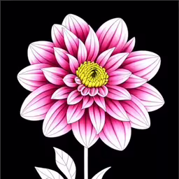 pink flower with white and yellow stamen on a black background,an illustration of a flower with two leaves