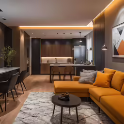 the modern apartment has wood flooring, grey walls, and yellow furniture