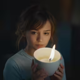 a young woman holding a white candle