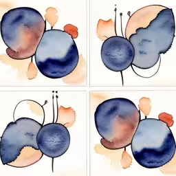 four square paintings of fruit arranged in a pattern