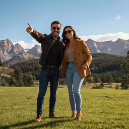 man and woman standing in a field pointing towards the camera