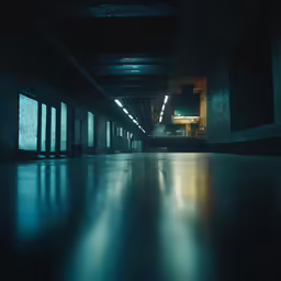 a large long hallway has windows leading to it
