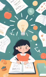 a little girl is writing with books and an open book