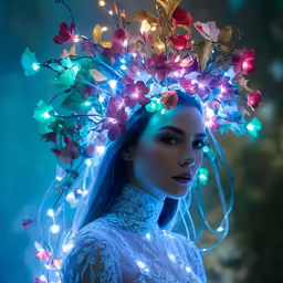 a beautiful woman wearing a floral crown on her head