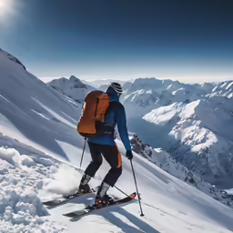 a skier with a backpack stands on the top of a slope