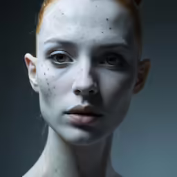 the woman is very white and black and has freckled skin on her face