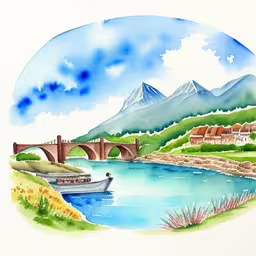 /tmp/FOOovr4ck.jpg = a painting of a river with mountains behind it
,/tmp/FOOovr4ck.jpg = a painting of a lake, with a bridge, mountain and house in the background
,/tmp/FOOovr4ck.jpg = a boat is sitting on the river
,/tmp/FOOovr4ck.jpg = a drawing with watercolor paints of a river, hills and bridge
,/tmp/FOOovr4ck.jpg = painting with watercolors and ink shows mountains, water, a river, and a bridge in the background
,/tmp/FOOovr4ck.jpg = a painting of the view from a small town, a river, bridge and mountains
,/tmp/FOOovr4ck.jpg = an image of a painting with mountains and river
