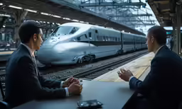 two men at a table, in front of a train
