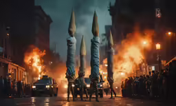 people in strange costume are standing on legs