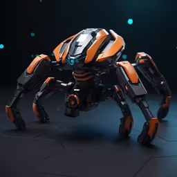 a robotic spider like creature with an orange body and head