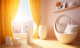 a living room with white furniture and a big window