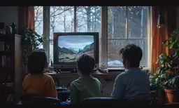 three children sitting in chairs watching tv