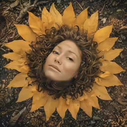 a woman wearing a sunflower headpiece is looking up at the sky