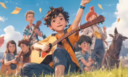 a boy sitting in the grass with his arms spread and playing guitar