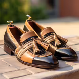 a pair of tasseled shoes sitting on top of a brick floor,two pairs of shoes with tassels and a golden buckle