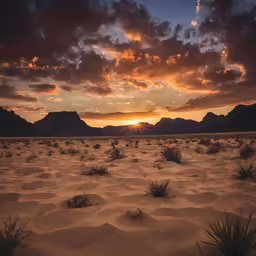 a sun is setting in the sky over desert landscape