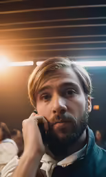 a man in jacket sitting in front of a window while on the phone