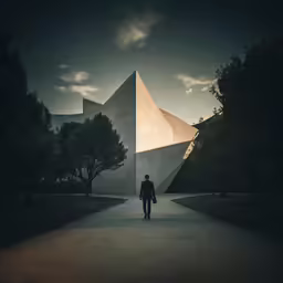 a person walking towards a very unusual building