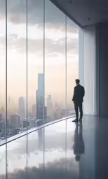 a lone man looks out the window on a cloudy day