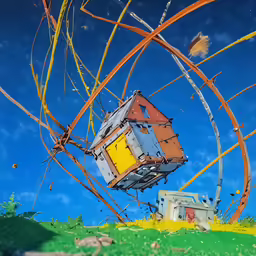 a bird flying in front of a house covered with birds