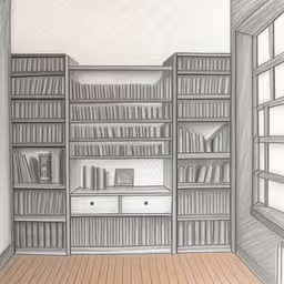 this drawing of an empty bookshelf is very easy to draw,this drawing depicts the front corner of a library,a drawing of a bookshelf with many shelves filled with books,there is a room that has some shelves on it,an image of the interior of a bookcase