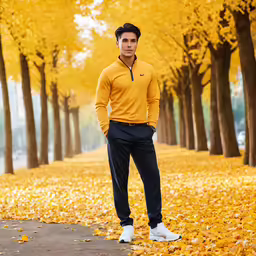 a man posing in front of trees with yellow leaves on it