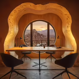 a table and chairs with a big circle window on top