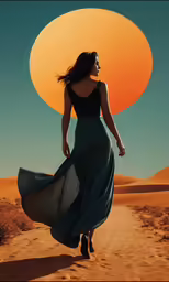 a woman walking on a desert road wearing a blue dress