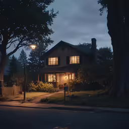 this is a dark street with a house in the evening light