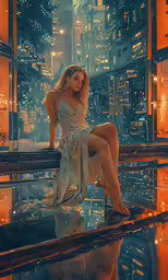 a beautiful blond posing in a white dress by some buildings