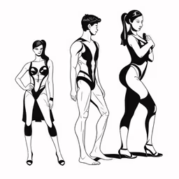 black and white drawing of people in lingerie clothing,three different body shapes in black and white